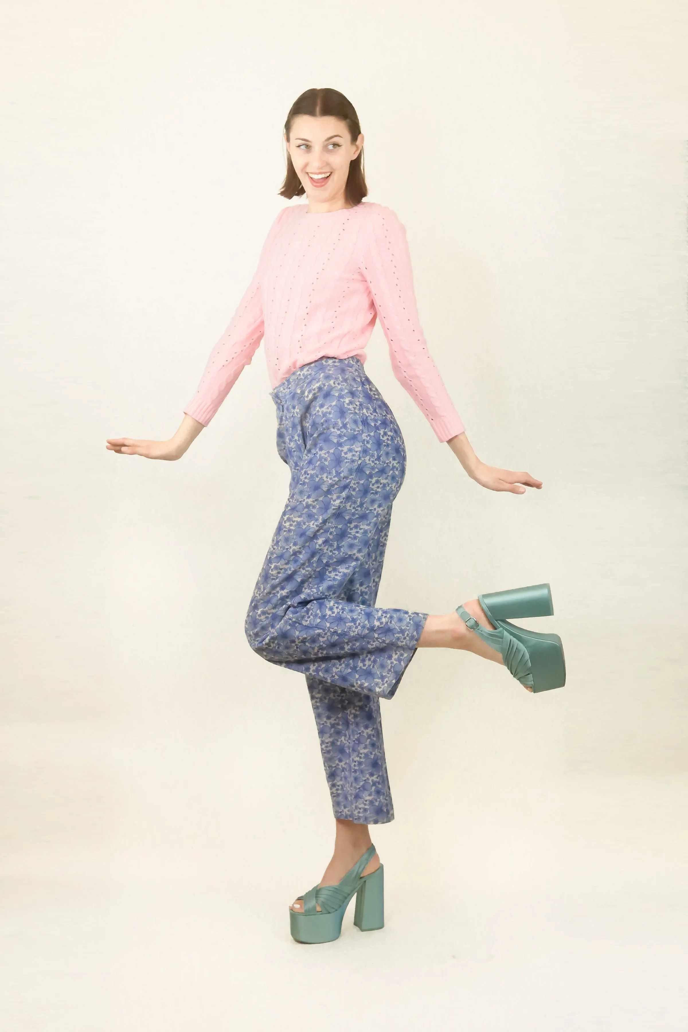 Courreges c.1970's Blue Floral Corduroy Pant