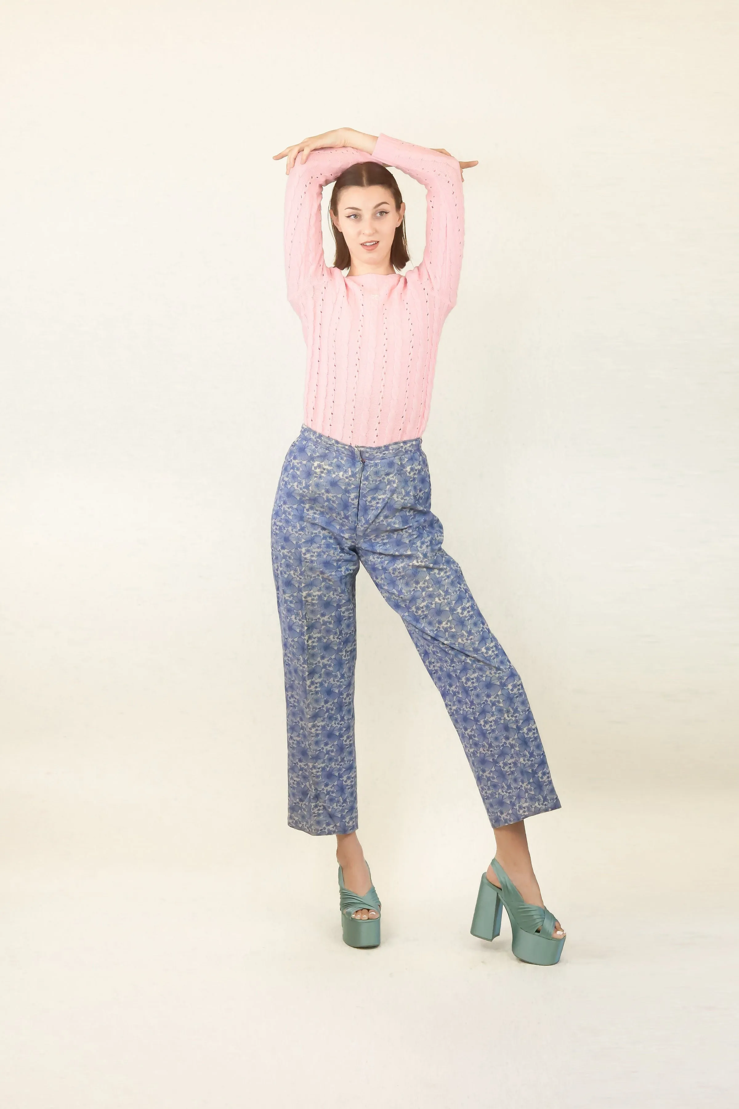 Courreges c.1970's Blue Floral Corduroy Pant