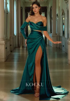 Couture & Ornate Off-Shoulder Long sleeves A-Line Split Evening Party Prom Dress