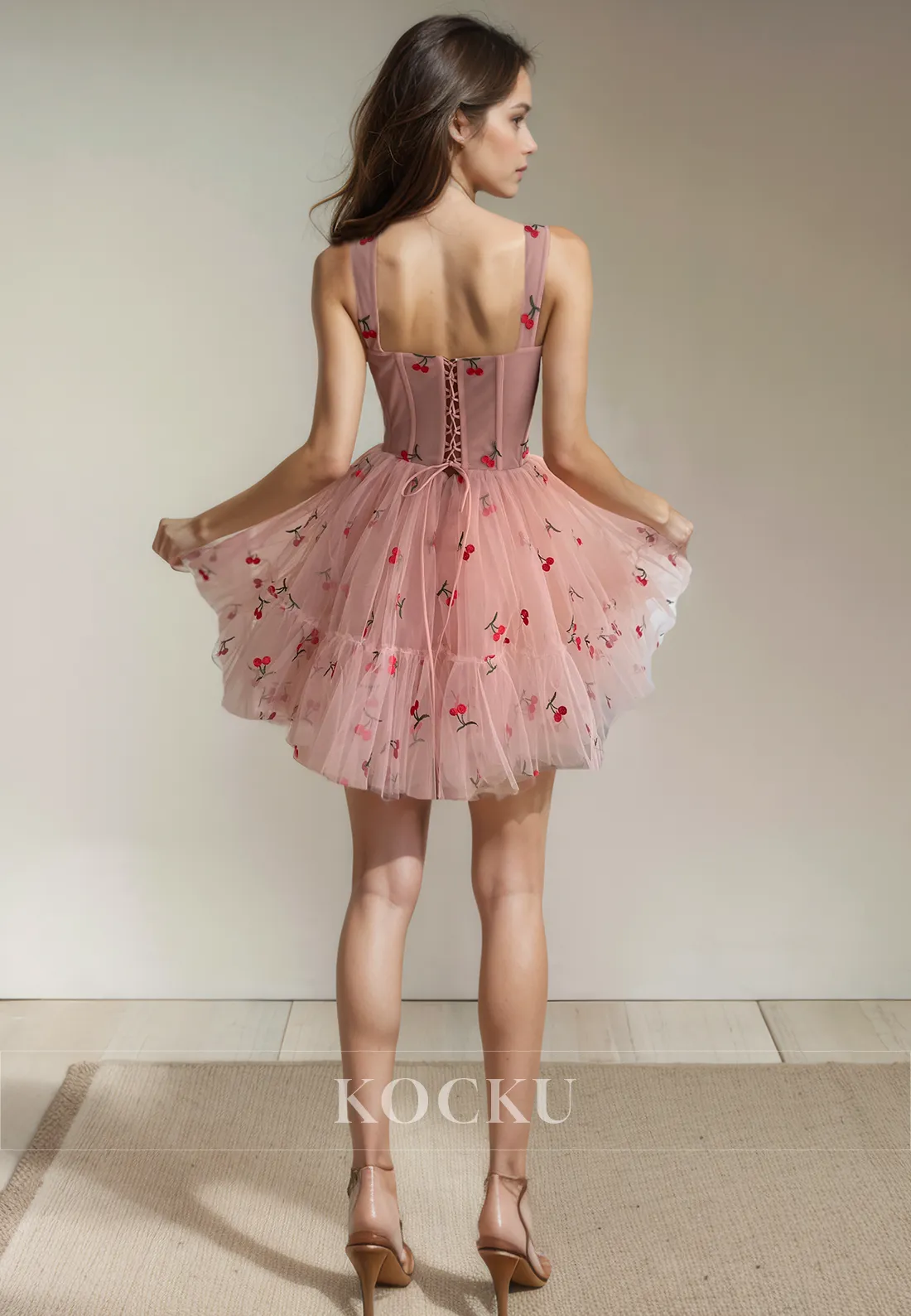 Cute & Charming Spaghetti Straps Square Printed Tulle Party Homecoming Dress