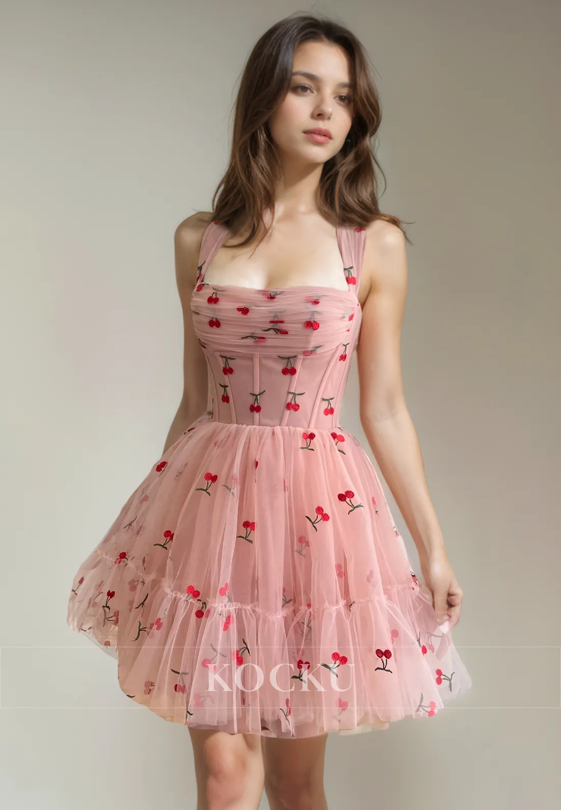 Cute & Charming Spaghetti Straps Square Printed Tulle Party Homecoming Dress