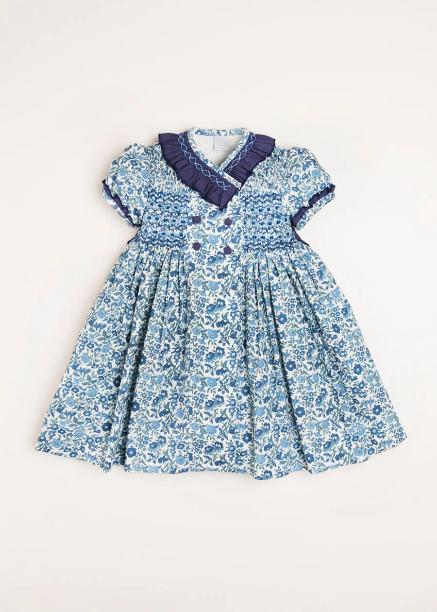 Daphne Floral Print Handsmocked Double Breasted Dress in Blue (12mths-10yrs)