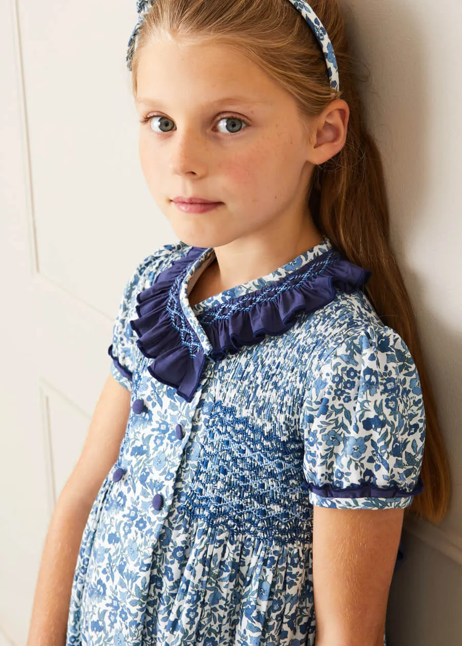 Daphne Floral Print Handsmocked Double Breasted Dress in Blue (12mths-10yrs)