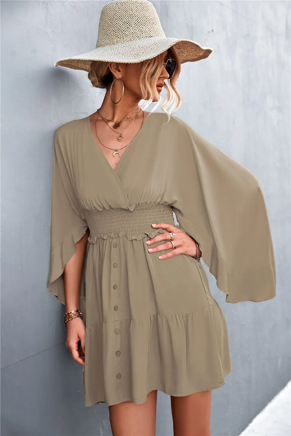 Decorative Button Smocked Waist Surplice Dress