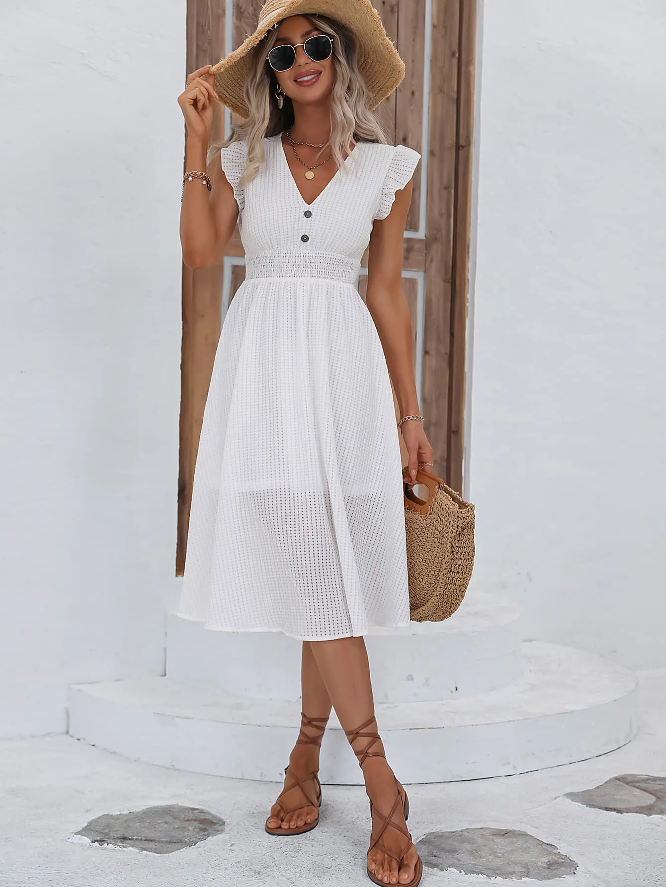 Decorative Button V-Neck Butterfly Sleeve Dress