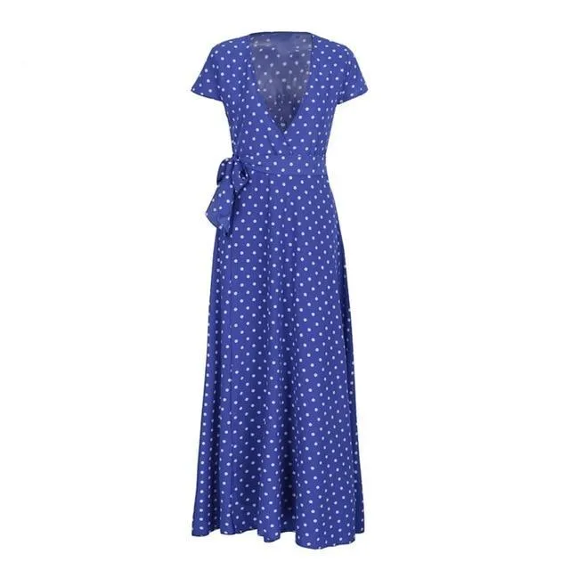 Deep V Neck Polka Dot Bow Knot Maxi Dress