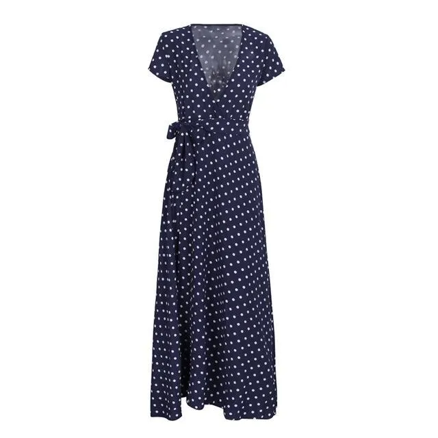 Deep V Neck Polka Dot Bow Knot Maxi Dress