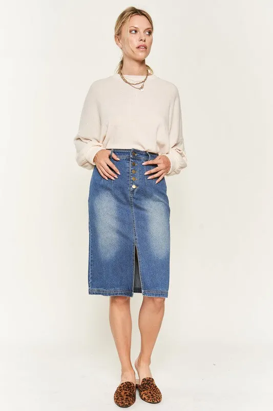 Denim  Button Down Front Midi Skirt