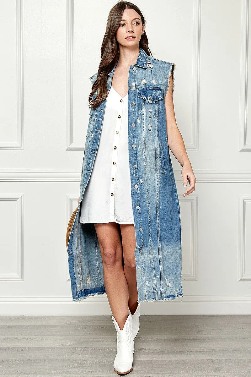 Distressed Denim Duster Vest