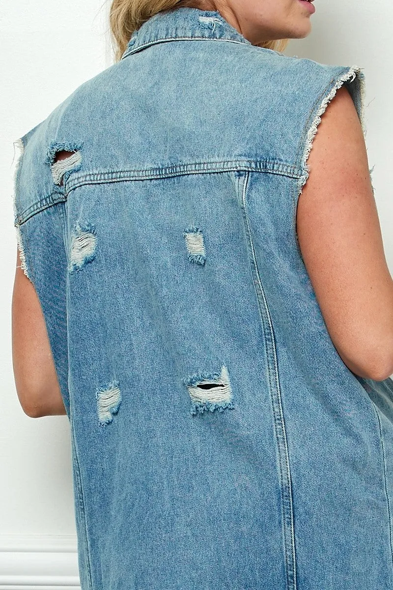 Distressed Denim Duster Vest