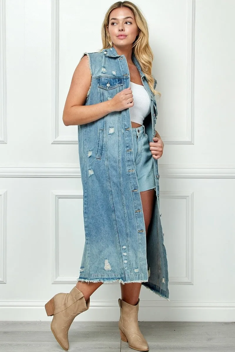 Distressed Denim Duster Vest