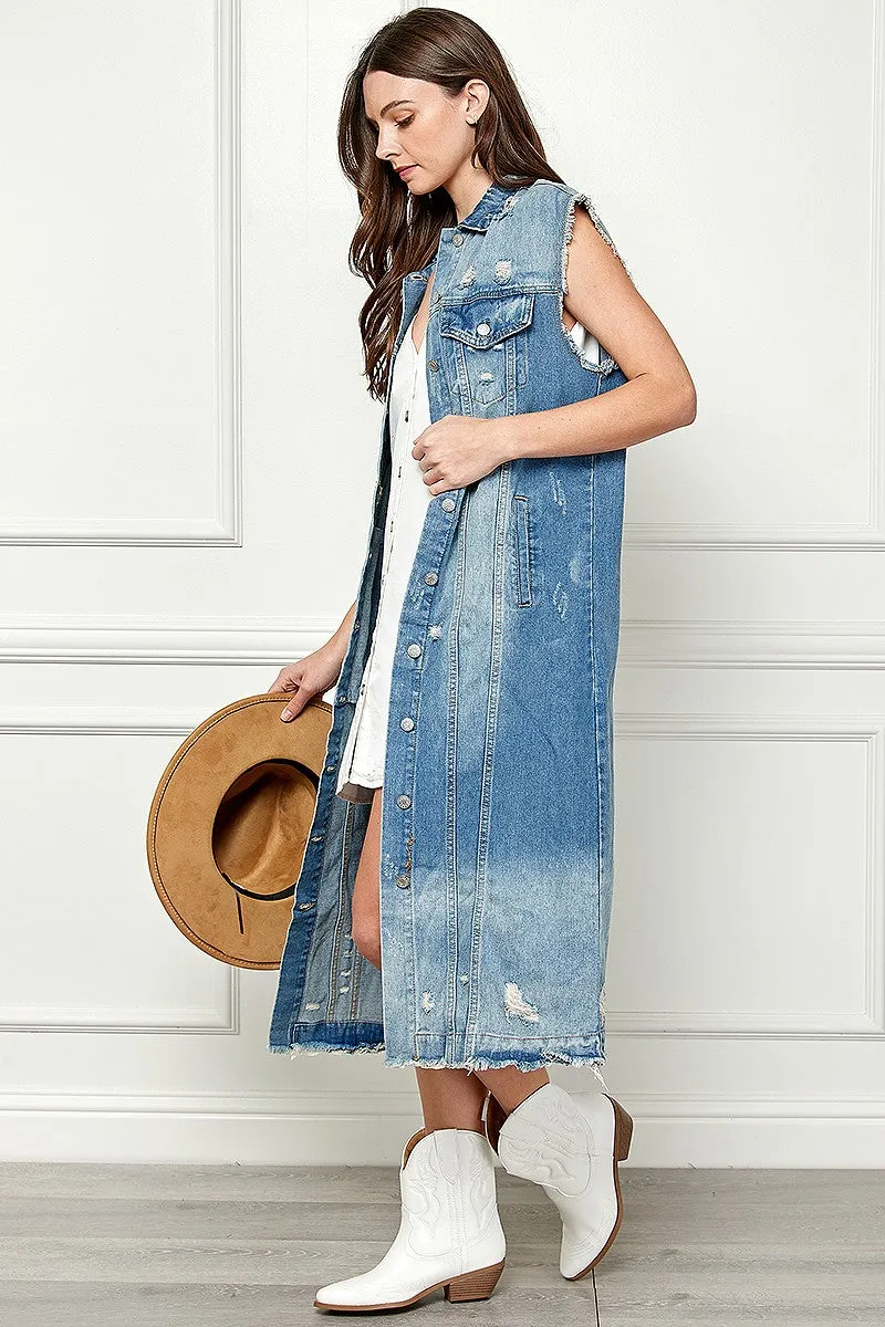 Distressed Denim Duster Vest