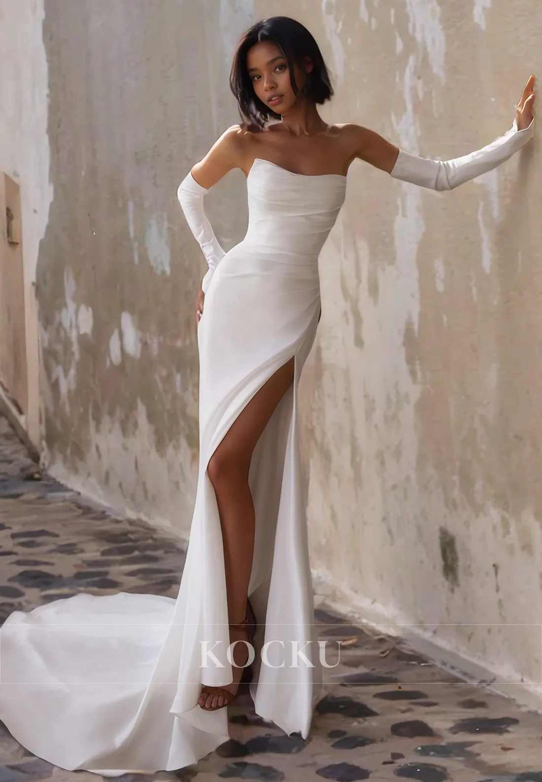 Elegant & Simple Off-Shoulder Split Mermaid Satin Wedding Dress