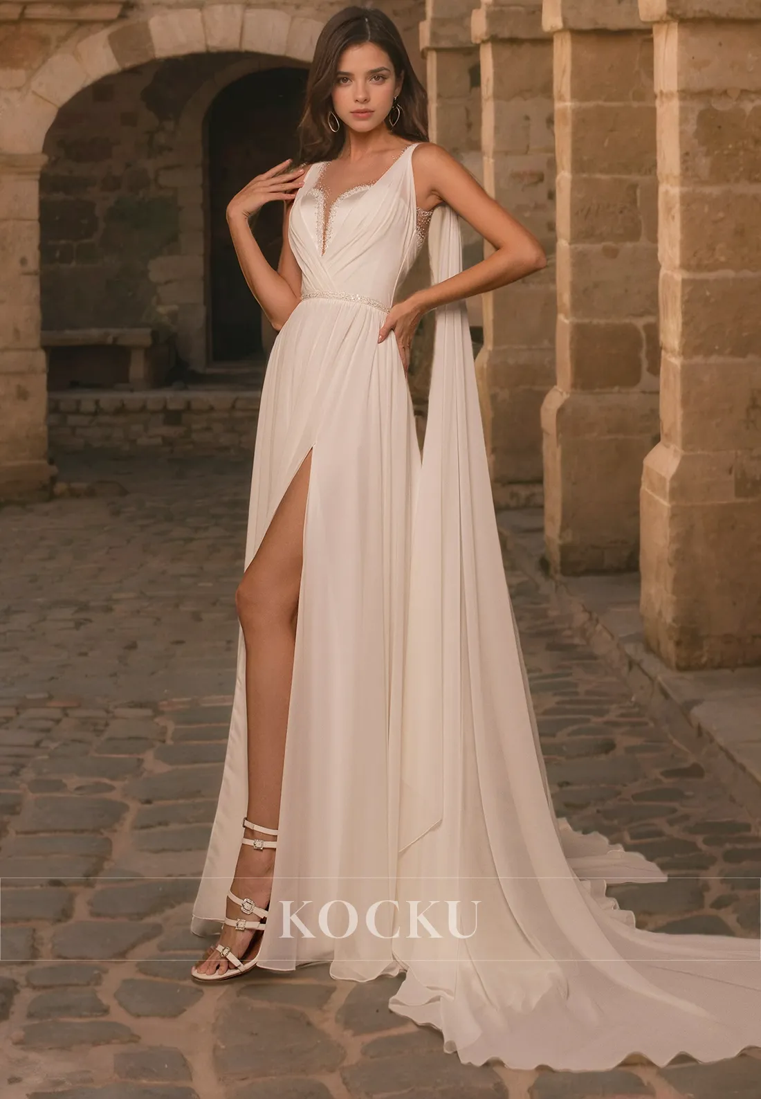 Elegant & Simple Spaghetti Straps V-Neck A-Line Split Wedding Dress