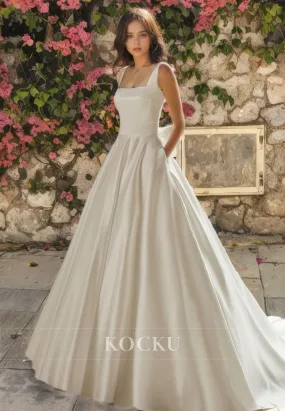 Elegant & Simple Straps Square Backless A-Line Satin Wedding Dress