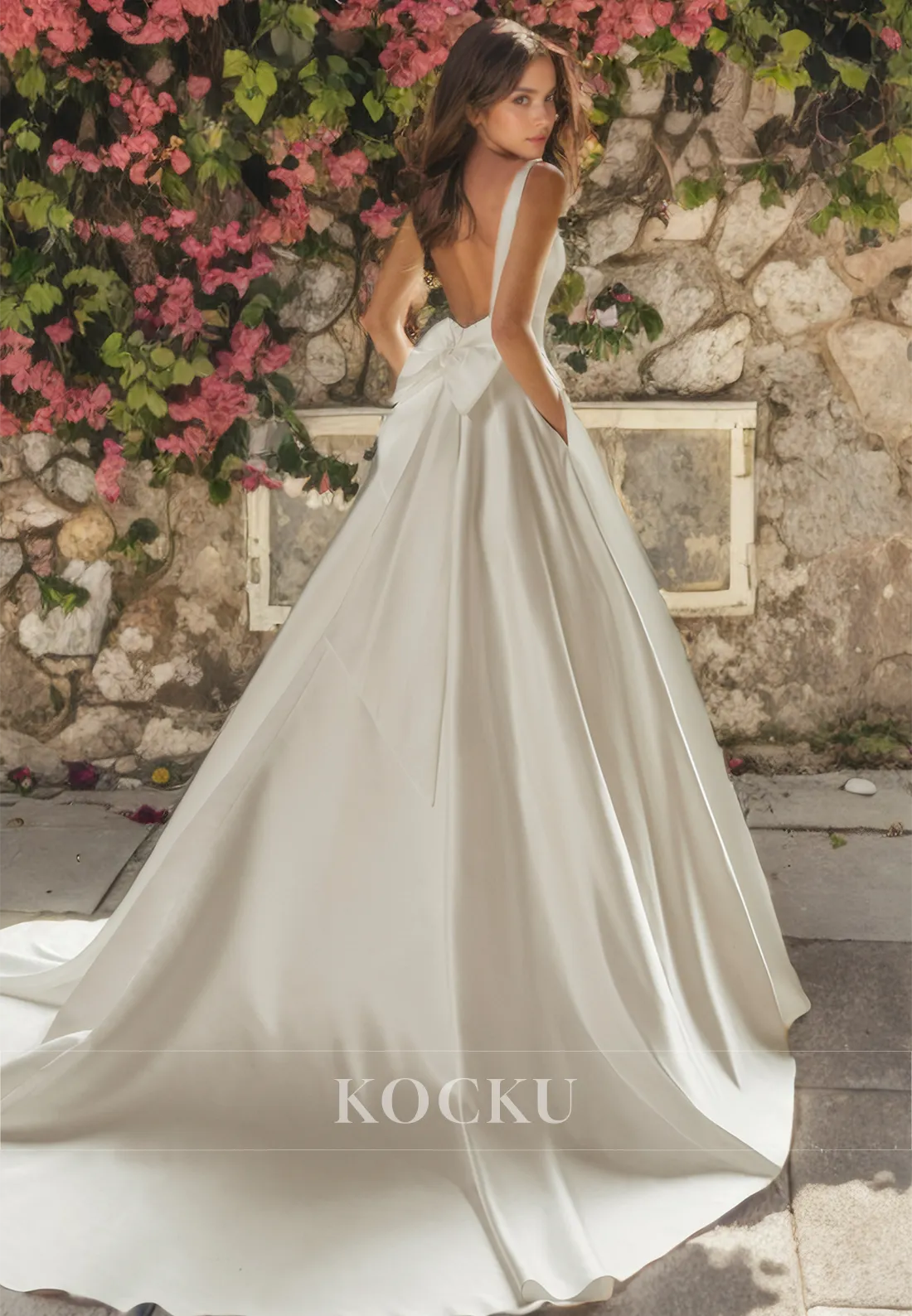 Elegant & Simple Straps Square Backless A-Line Satin Wedding Dress