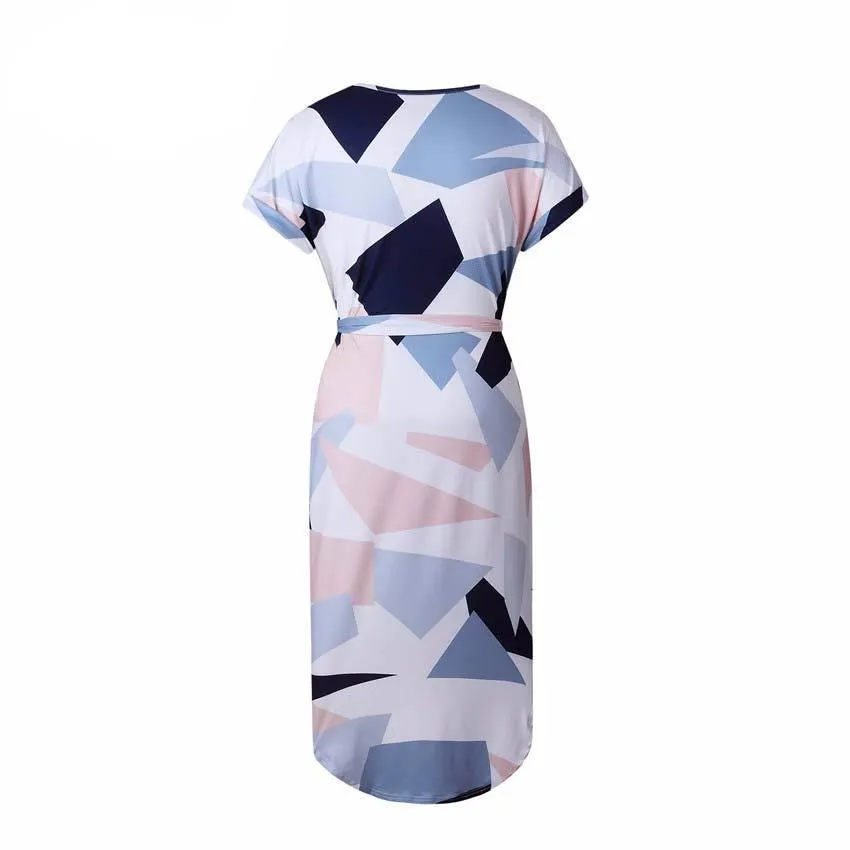 Elegant Slim Printed Dress with Sash