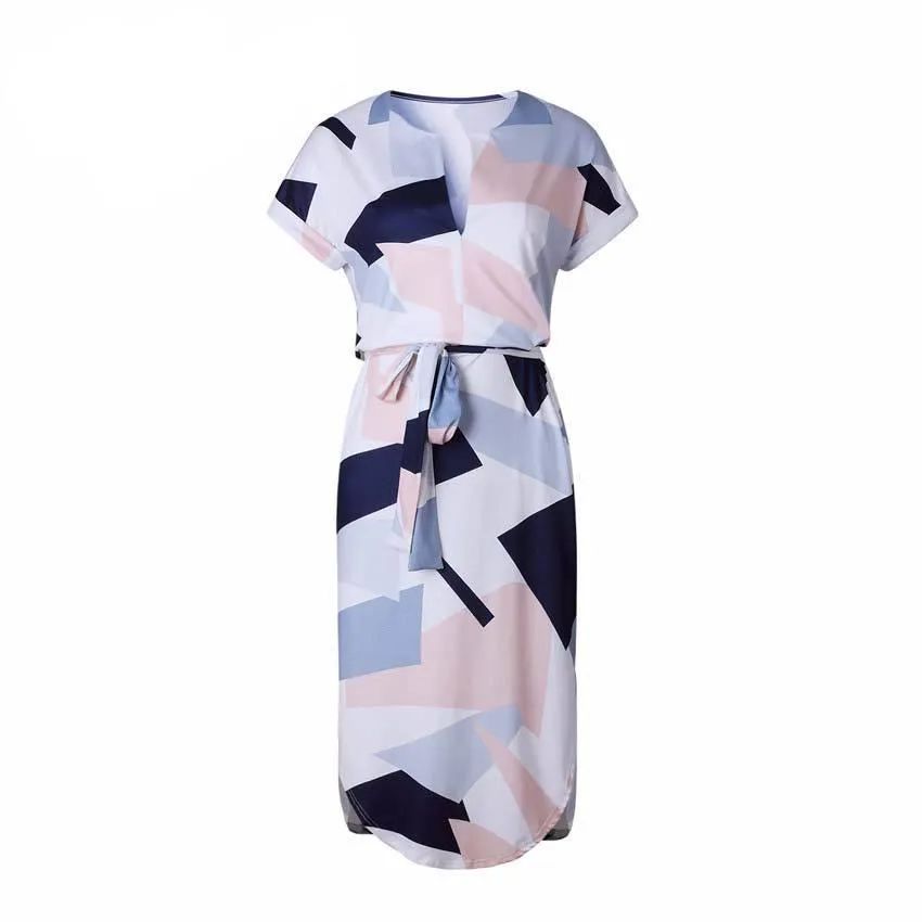 Elegant Slim Printed Dress with Sash