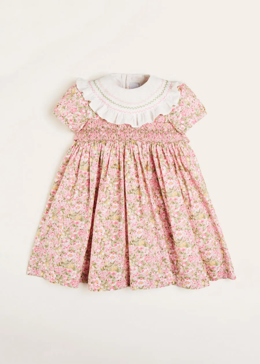 Eloise Floral Print Handsmocked Short Sleeve Dress in Pink (12mths-10yrs)