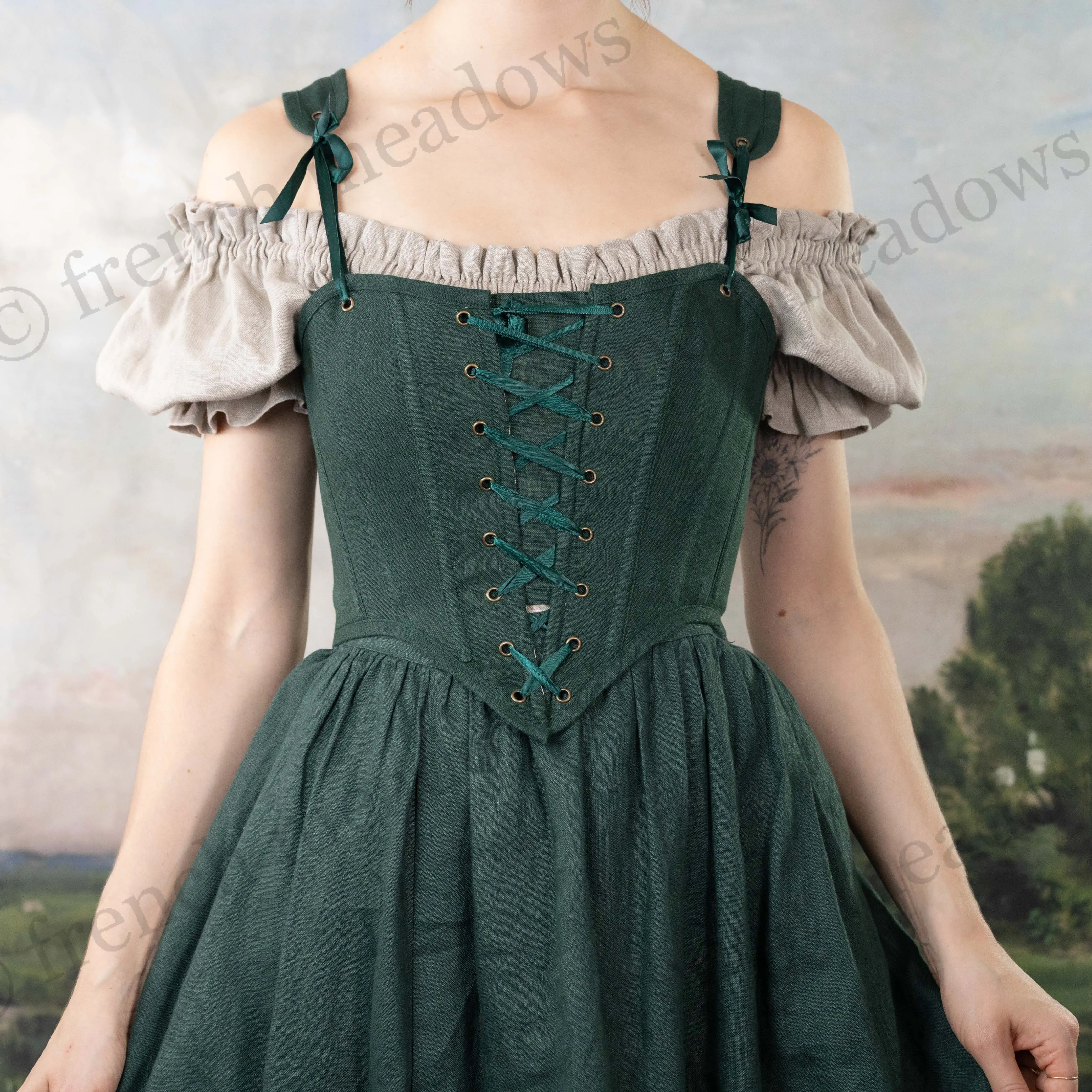 Evergreen Linen High Back Corset Bodice