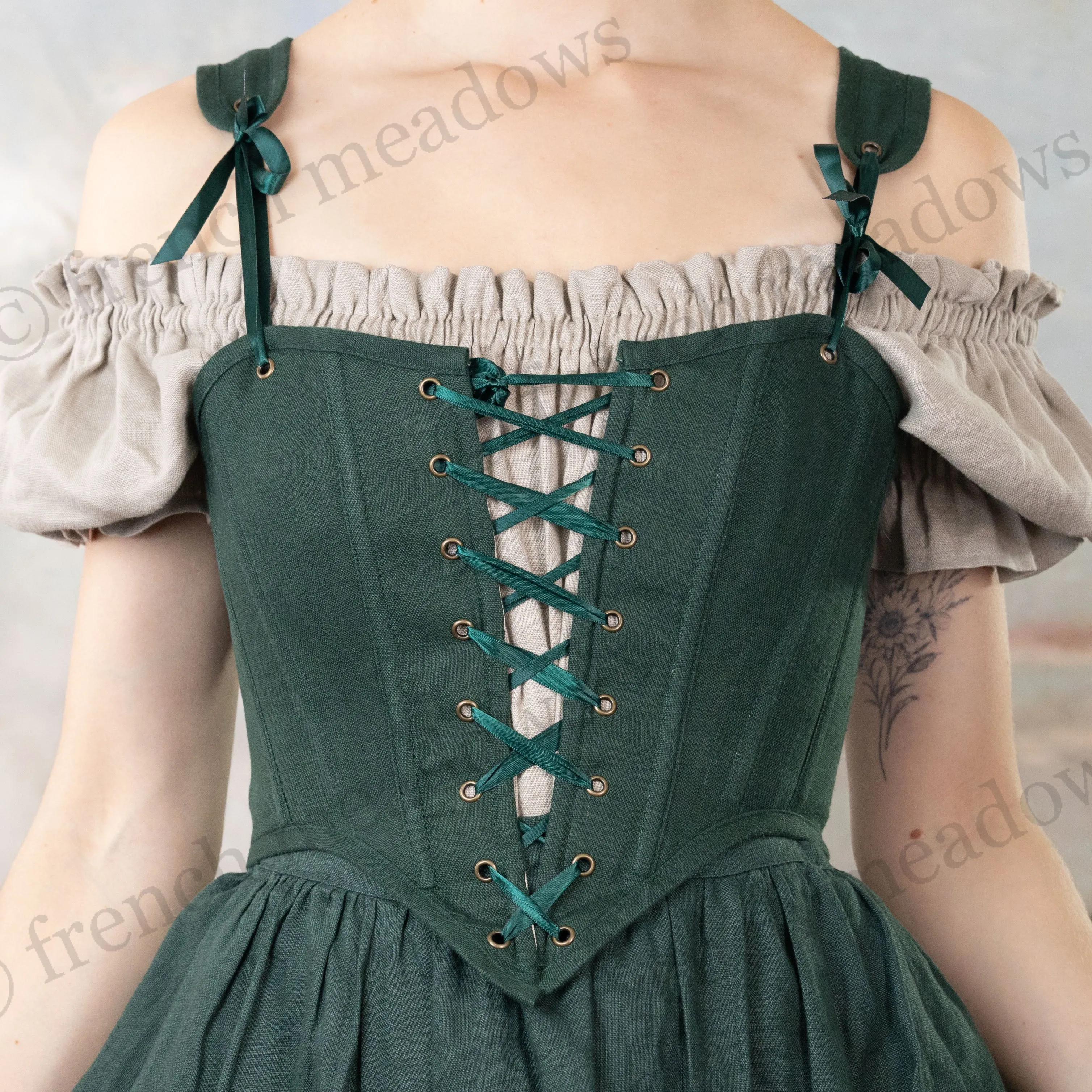 Evergreen Linen High Back Corset Bodice