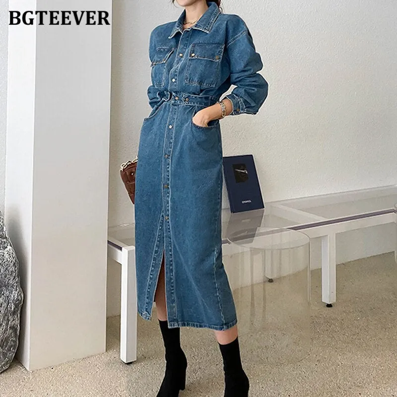 Fashion Chic Lapel Women Denim Dress Full Sleeve Single-breasted Pockets Slim Waist Mid-length Female Jeans Dress