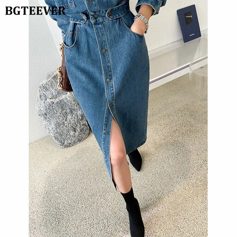 Fashion Chic Lapel Women Denim Dress Full Sleeve Single-breasted Pockets Slim Waist Mid-length Female Jeans Dress