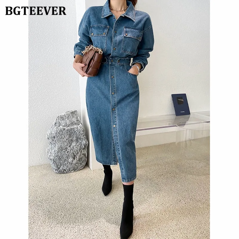 Fashion Chic Lapel Women Denim Dress Full Sleeve Single-breasted Pockets Slim Waist Mid-length Female Jeans Dress