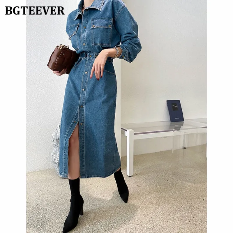 Fashion Chic Lapel Women Denim Dress Full Sleeve Single-breasted Pockets Slim Waist Mid-length Female Jeans Dress