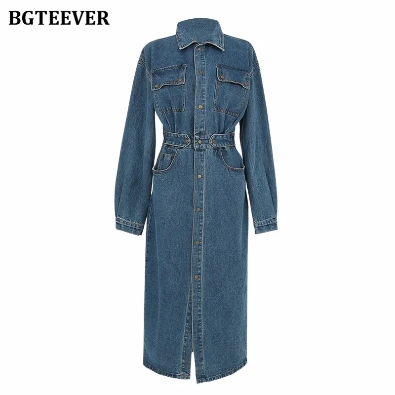 Fashion Chic Lapel Women Denim Dress Full Sleeve Single-breasted Pockets Slim Waist Mid-length Female Jeans Dress