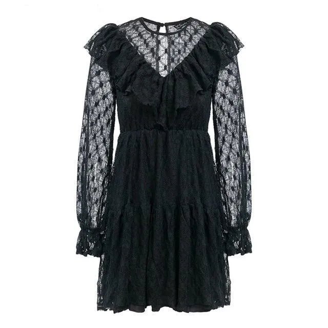 Flare Sleeve Hollow Out Ruffles Mesh Vintage Dress