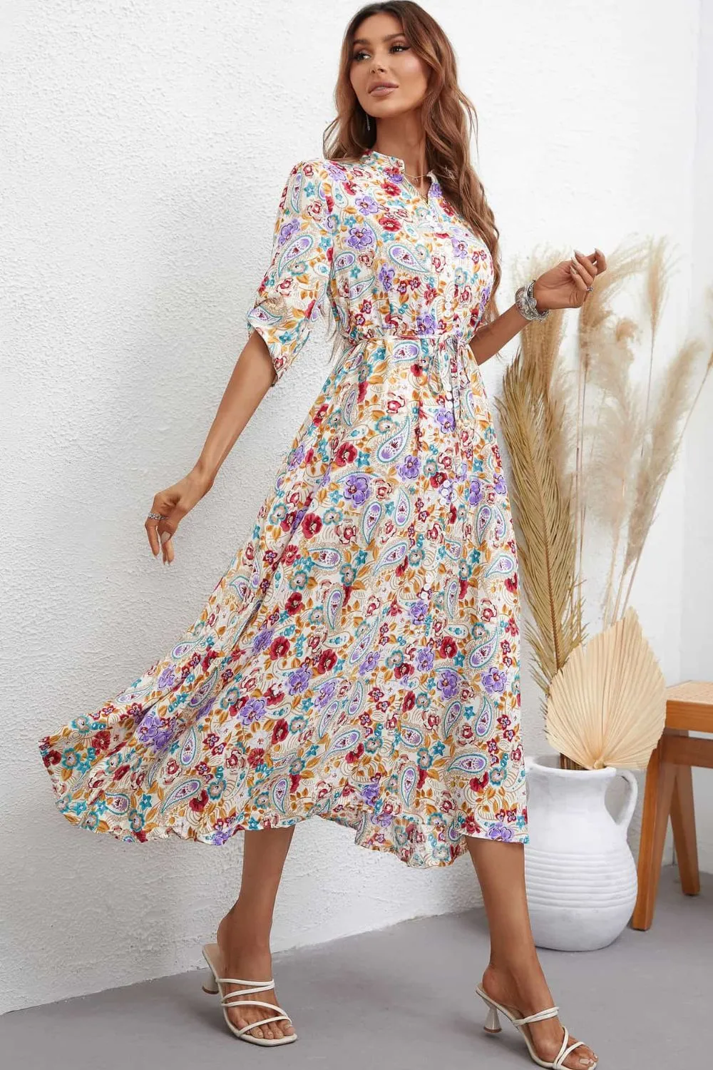 Floral Notched Neck Half Sleeve Dress