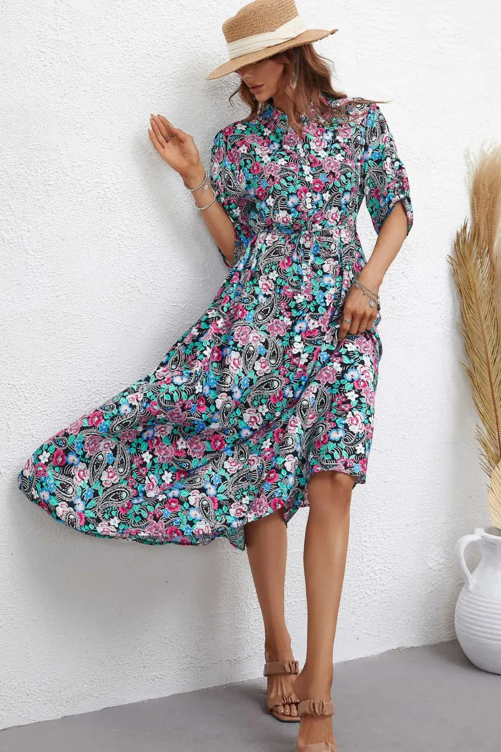 Floral Notched Neck Half Sleeve Dress