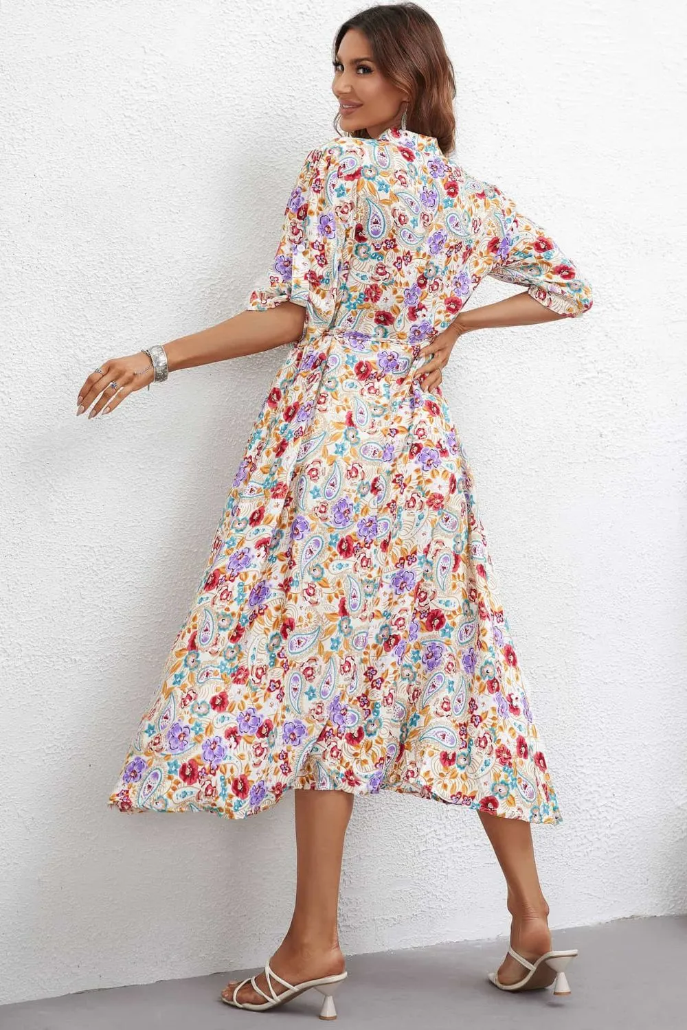 Floral Notched Neck Half Sleeve Dress