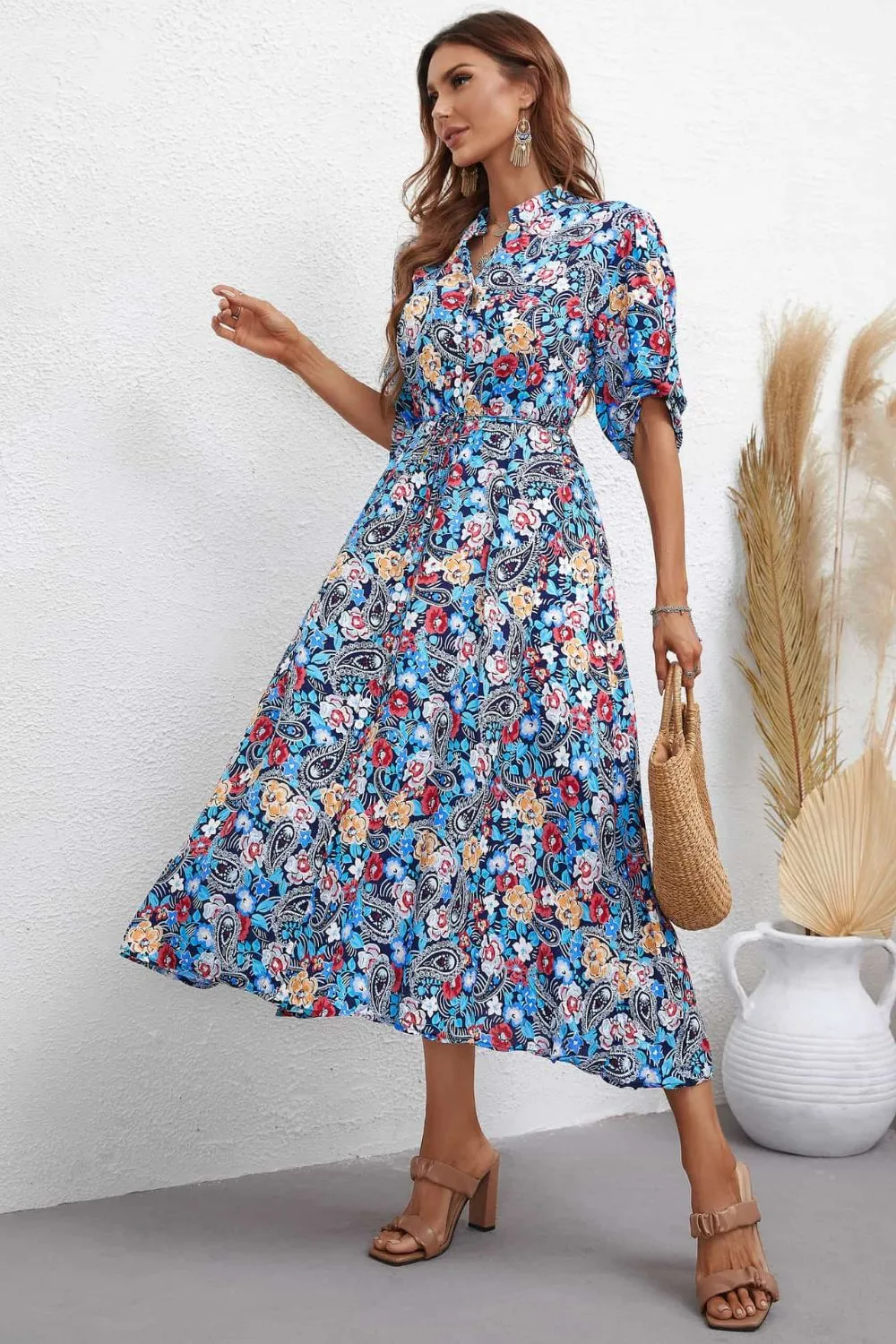 Floral Notched Neck Half Sleeve Dress