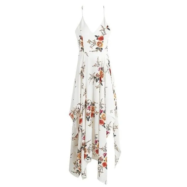 Floral Print Irregular Summer Sexy Deep V Split Long Dress