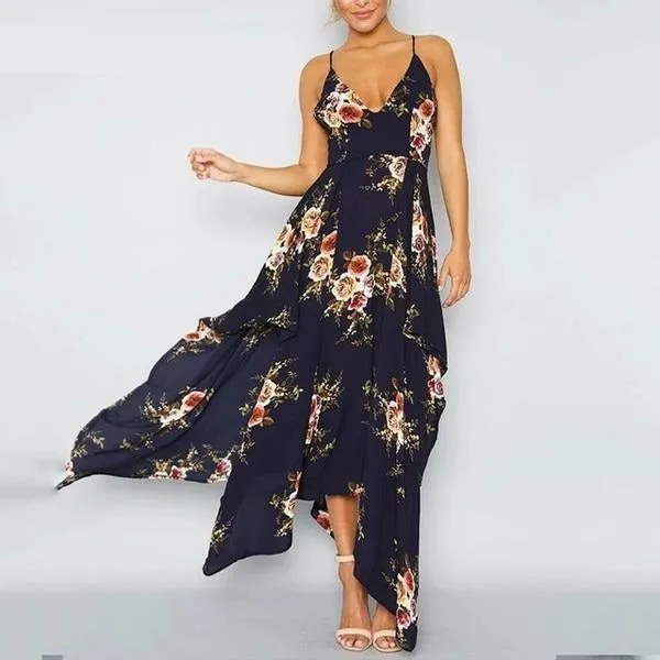 Floral Print Irregular Summer Sexy Deep V Split Long Dress