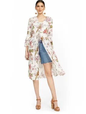 Floral-Print Sheer Lace-Up Kimono Top