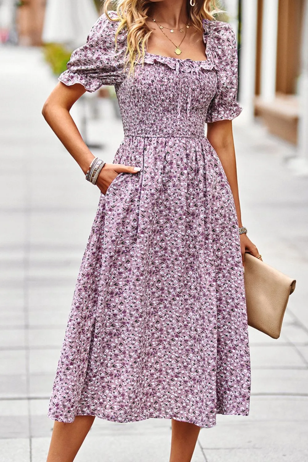 Floral Ruffled Square Neck Dress with Pockets