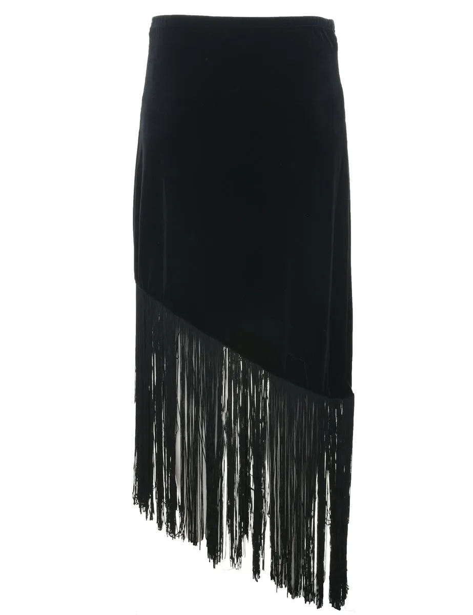 Fringed Velvet Black Midi Skirt - M