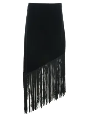 Fringed Velvet Black Midi Skirt - M