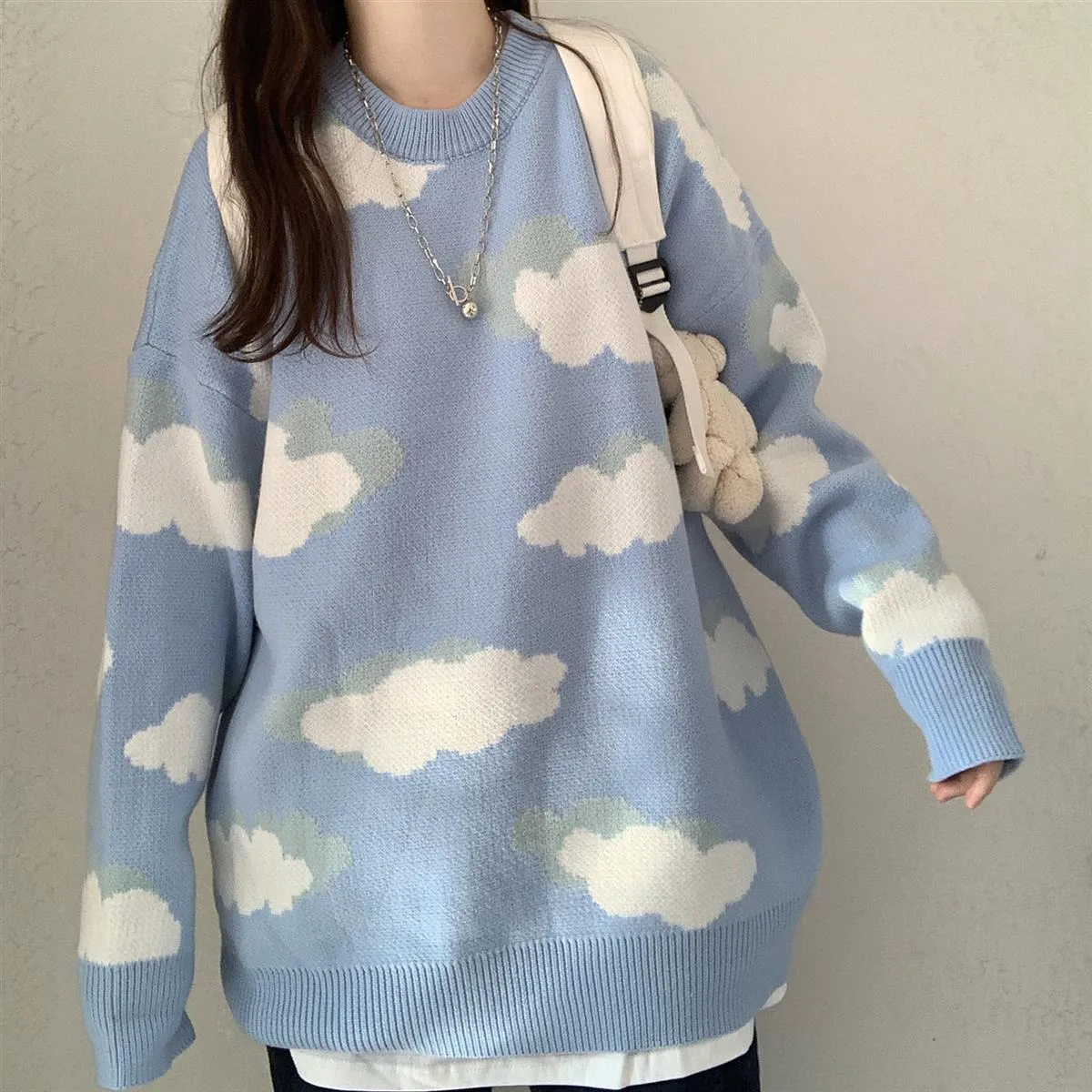 Girls Casual Sweater | Korean Style Sweater | Korean Girls Pullover | Kawaii Sweater | Crew Neck Sweater | Clouds Print | Harajuku Pullover