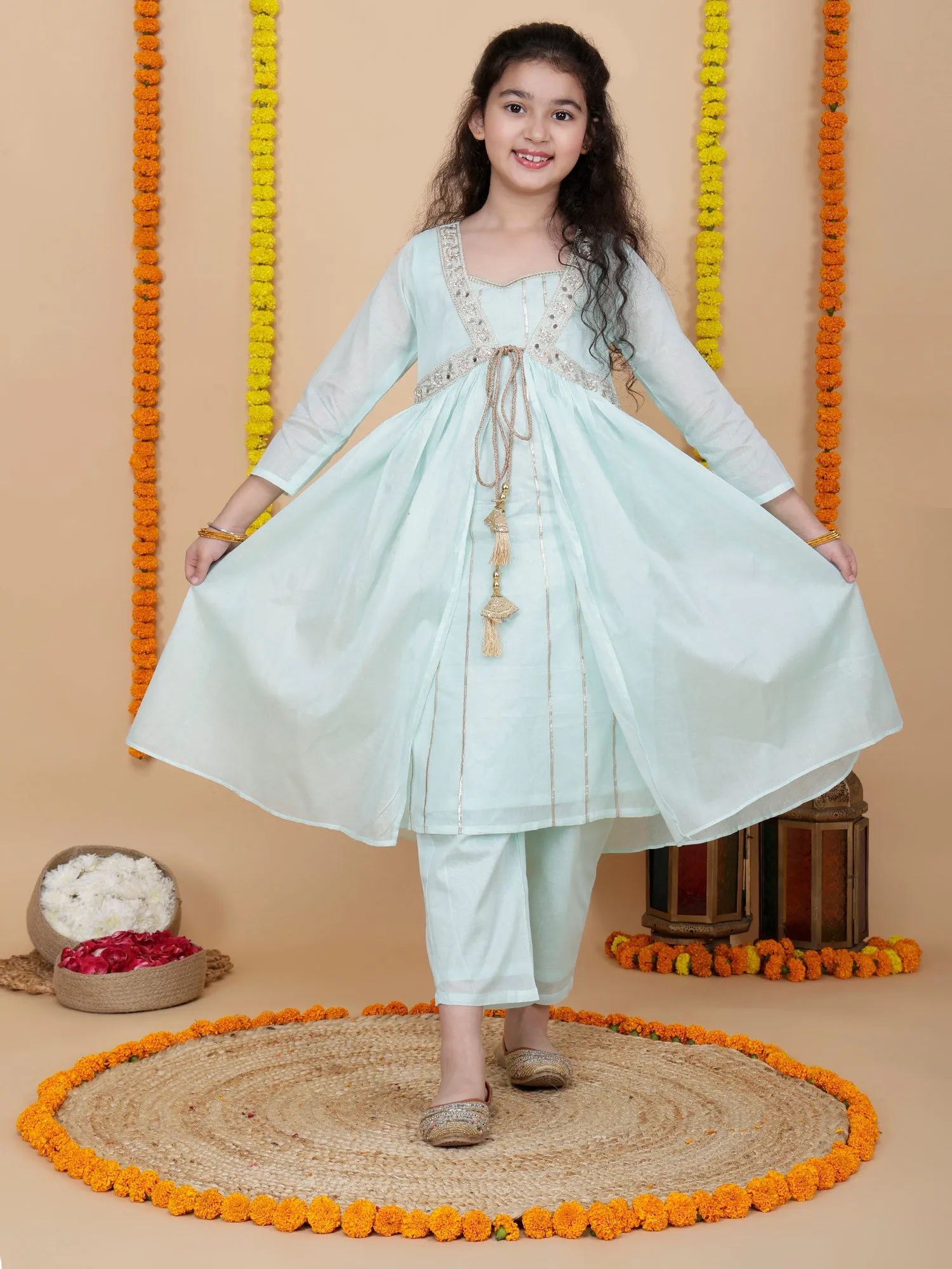 Girls Festive Shrug with Kurta and Pant Set in Aqua Blue