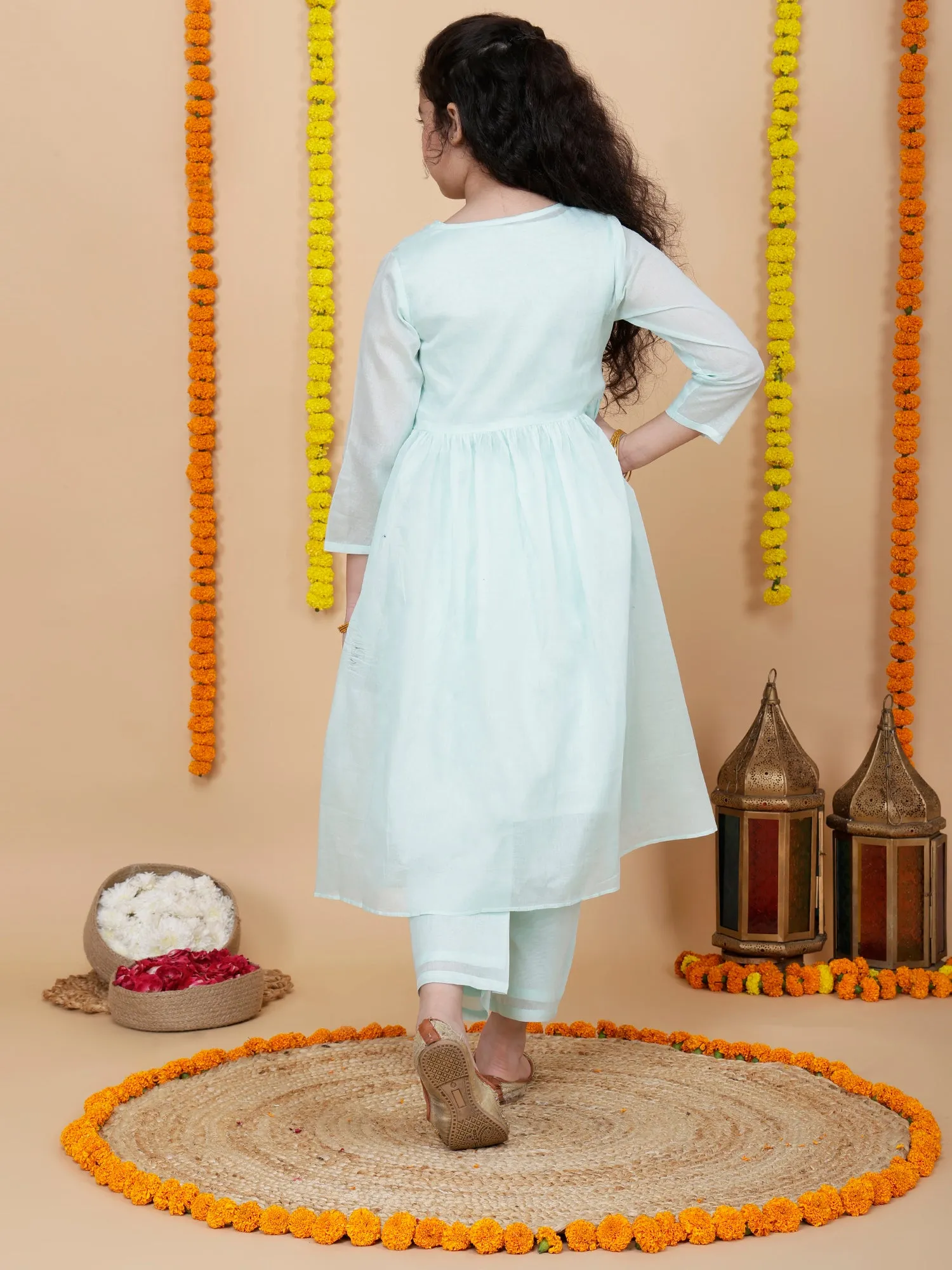 Girls Festive Shrug with Kurta and Pant Set in Aqua Blue