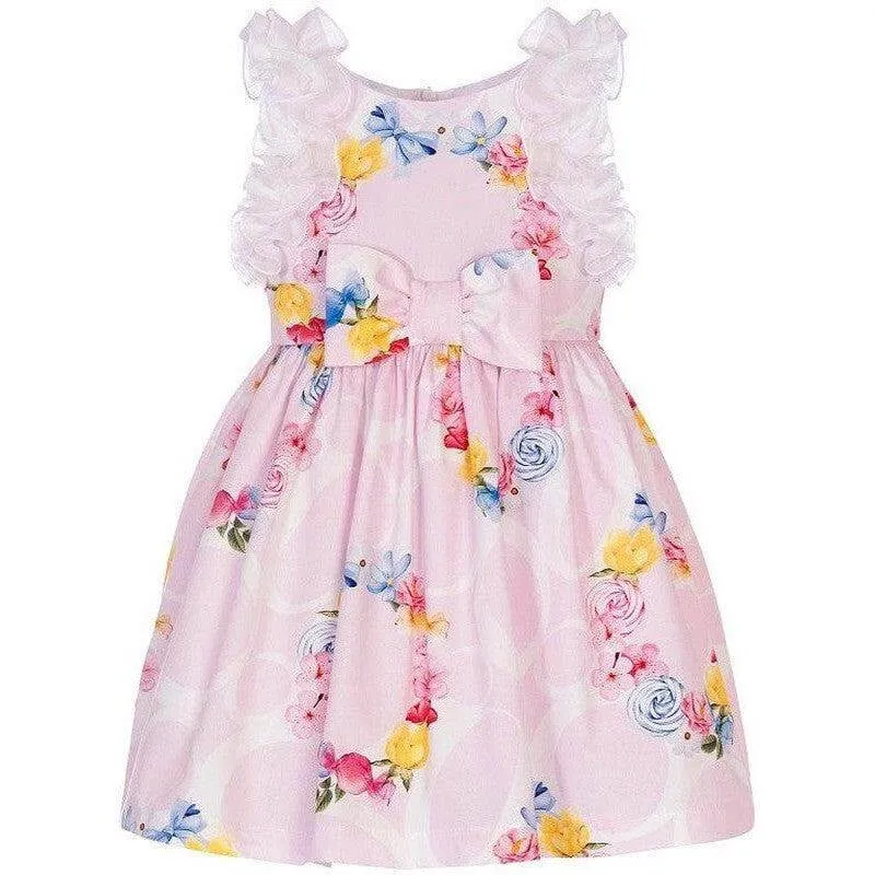 Girls Pink & White Ruffle Sleeve Dress