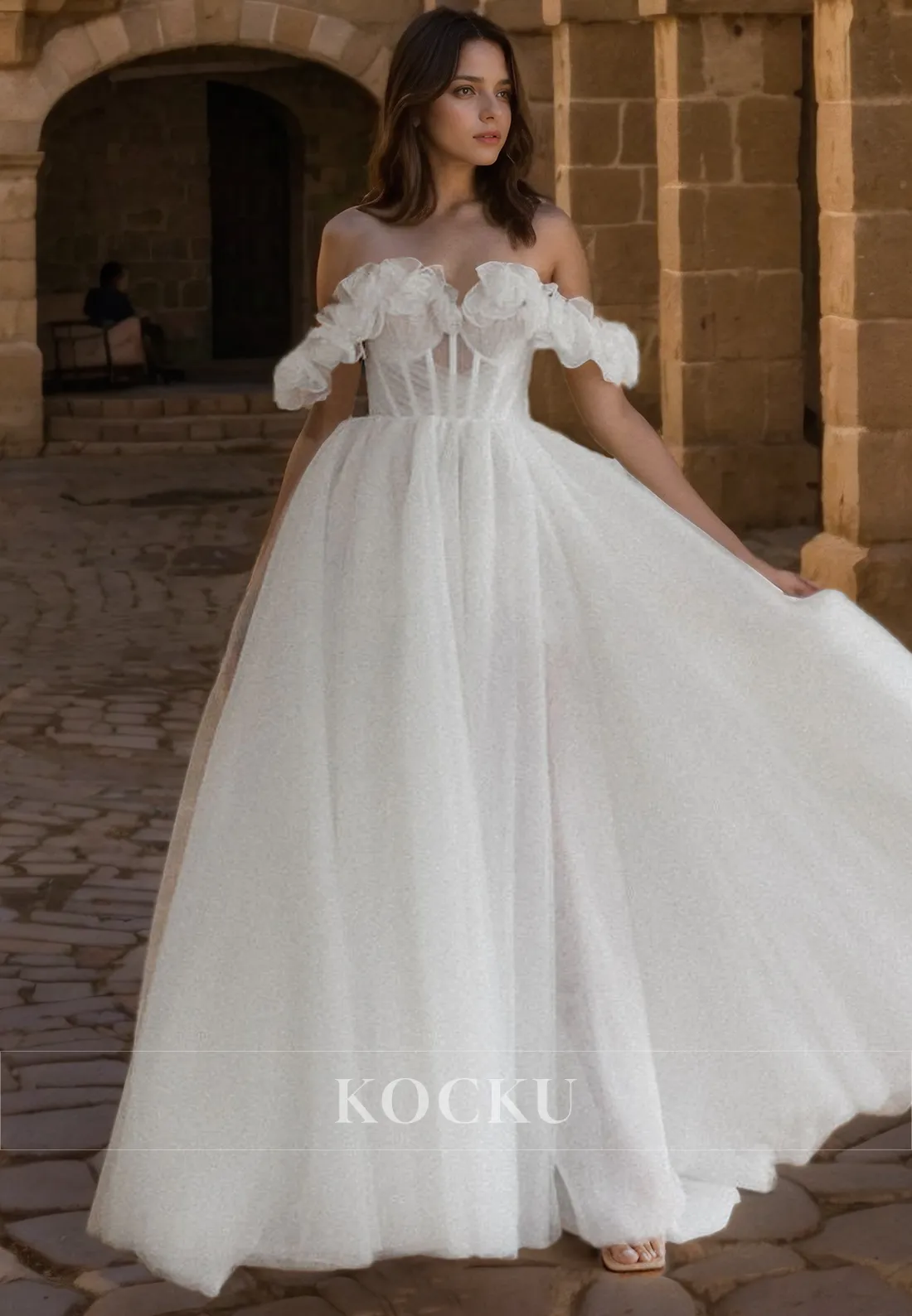 Glamorous & Dramatic Off-Shoulder Flower A-Line Wedding Dress