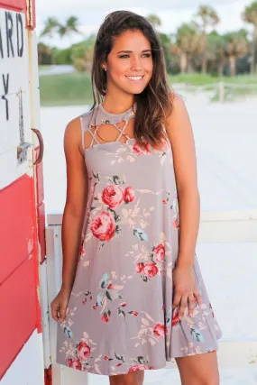 Gray Floral Sleeveless Cut Out Short Dress