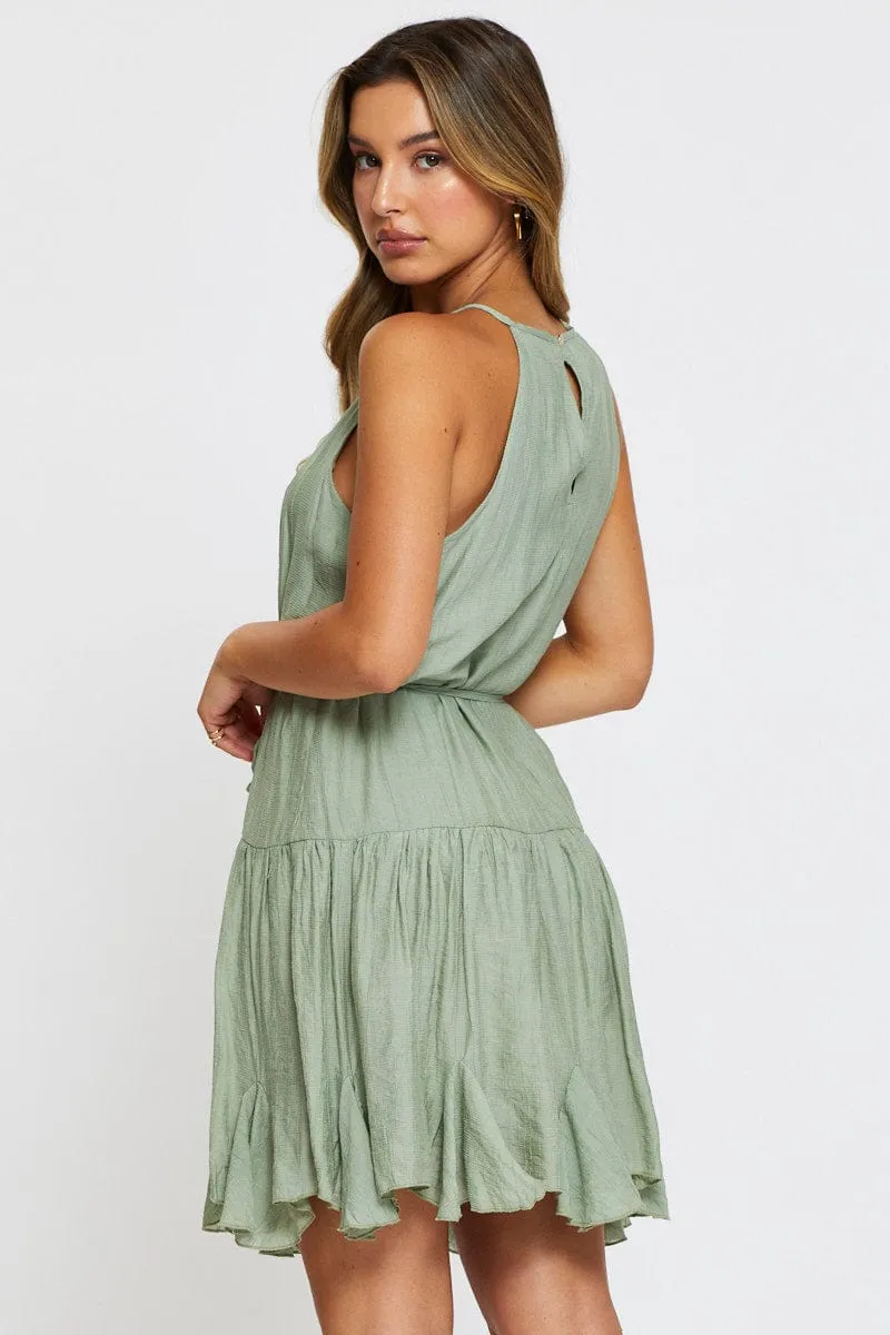 Green Mini Dress High Neck Firll Skater