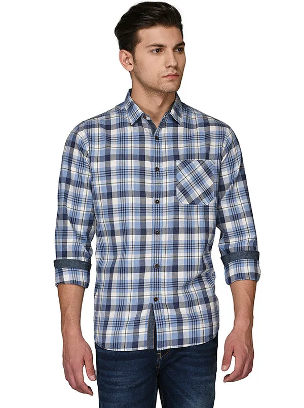 Greenfibre Blue & Grey Checked  Slim Fit Casual Shirt