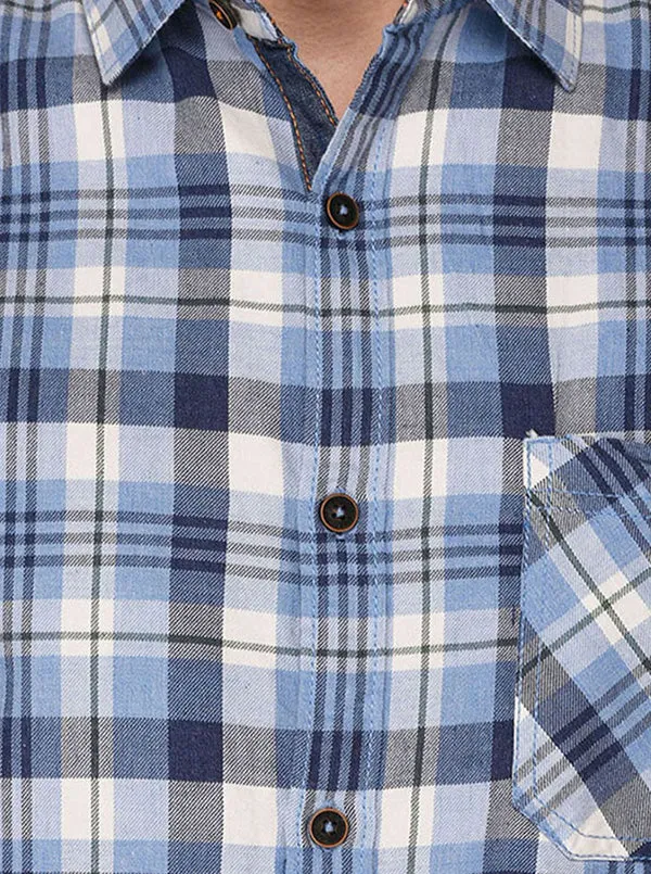 Greenfibre Blue & Grey Checked  Slim Fit Casual Shirt